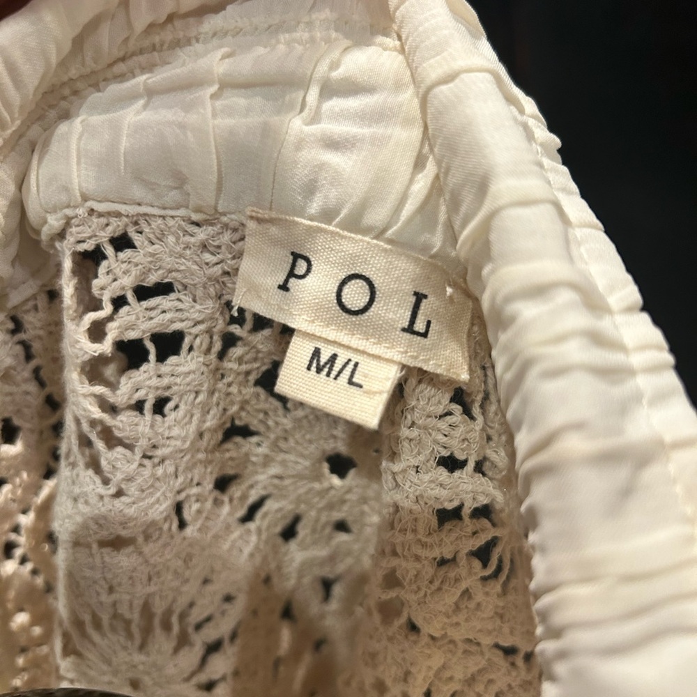 Lace Crochet Patch Button Down Long Shirt In Cream - image 3